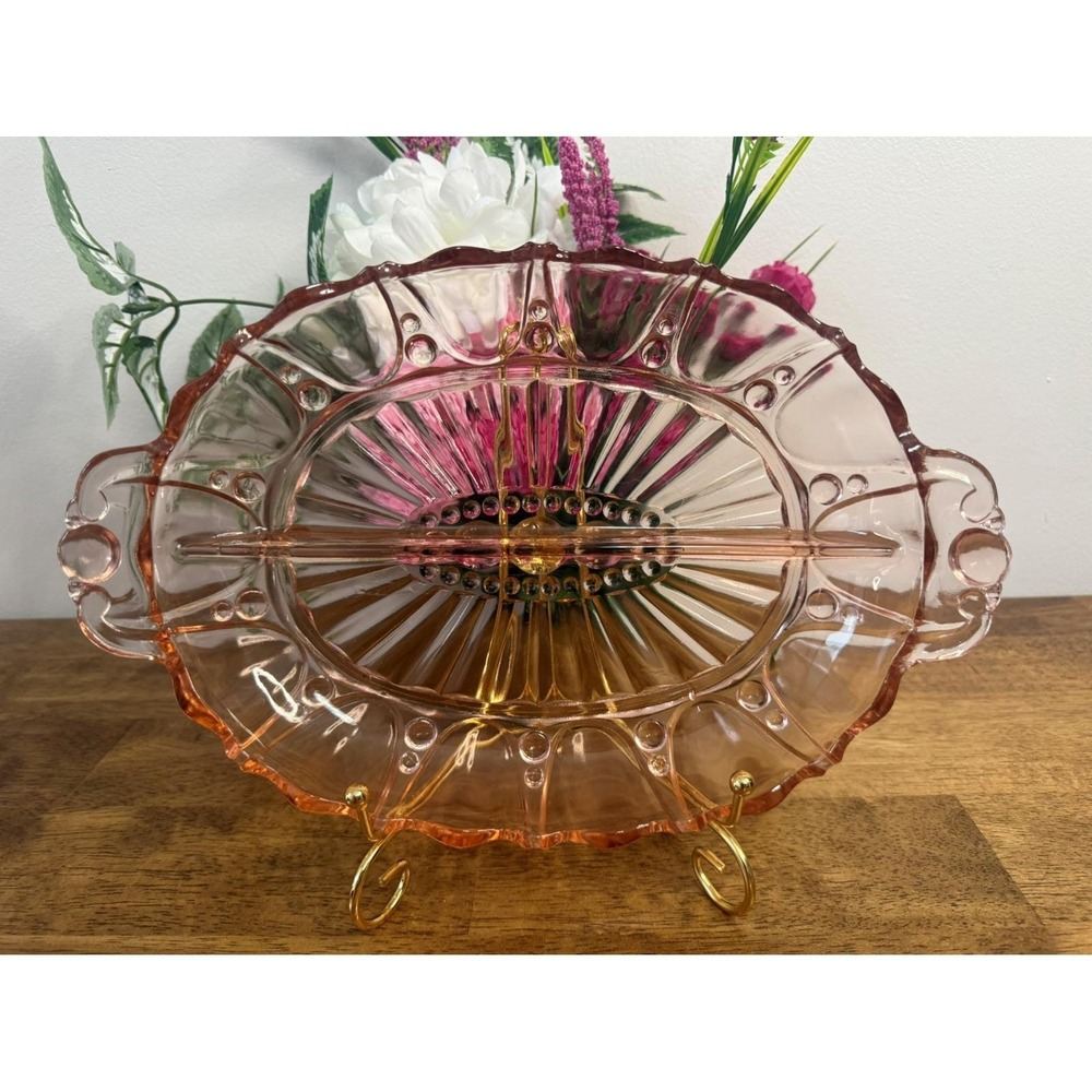 Vintage Pink Depression Glass Divided Relish Tray Oval Serving Platter‎ Retro
